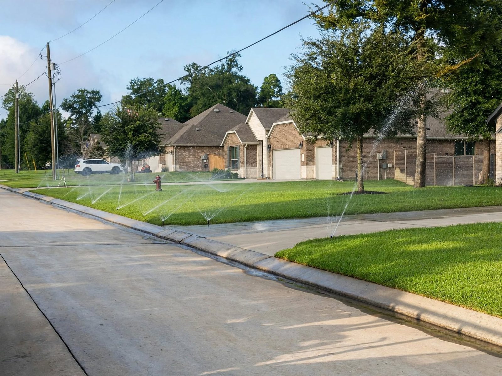 Multiple irrigation sprinkler heads running across a residential front lawn